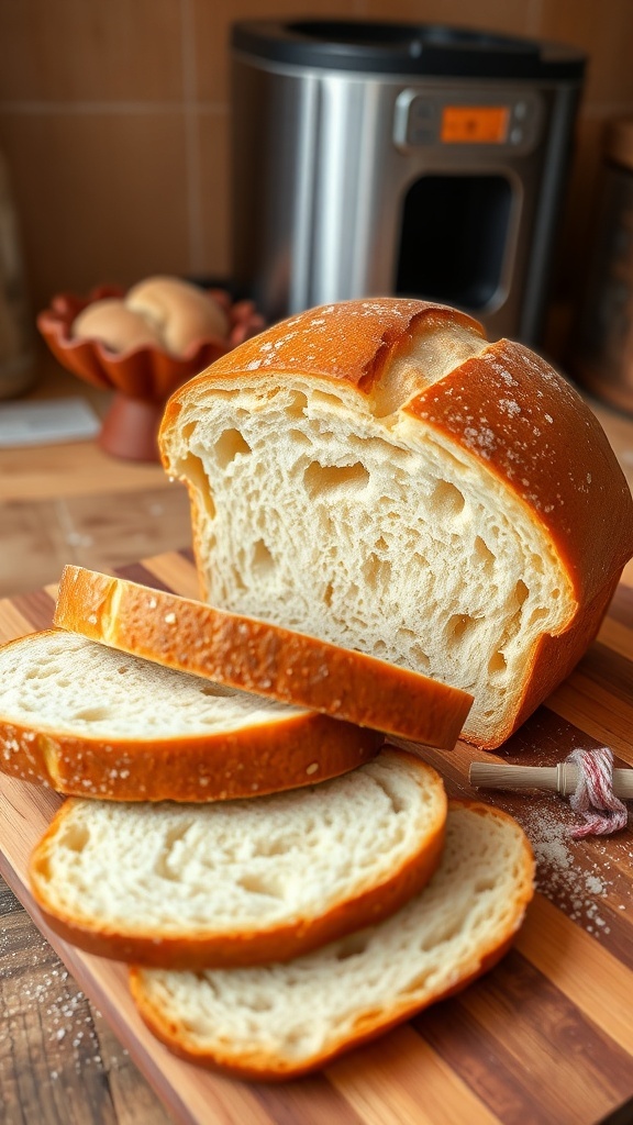 Simple 3-Ingredient Bread Machine Recipe Freshly baked loaf of bread on a cutting board with slices cut, in a rustic kitchen setting.
